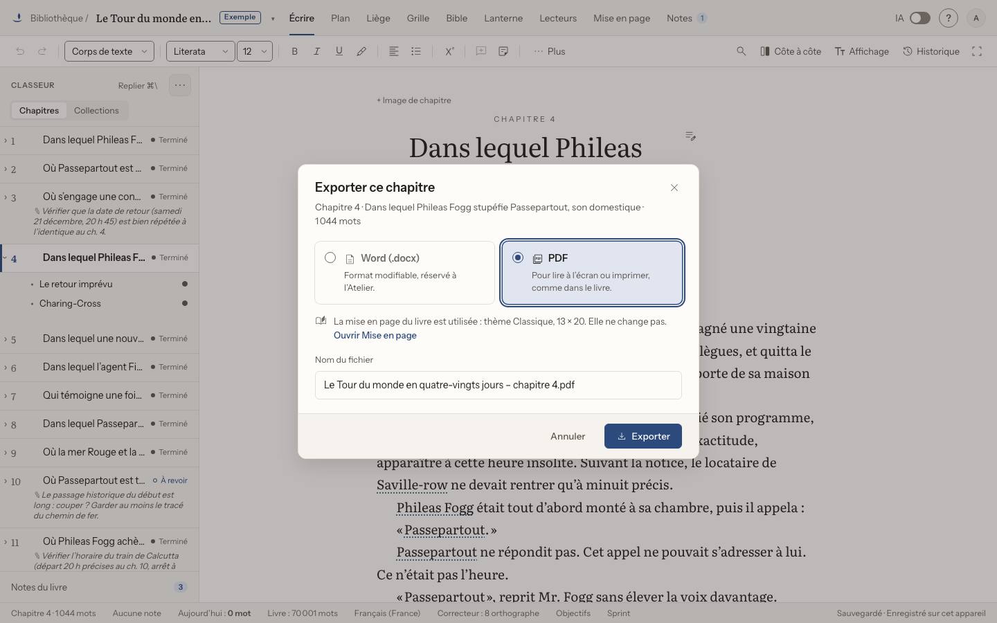 Capture : Comment exporter un seul chapitre ?, sur un livre d’exemple