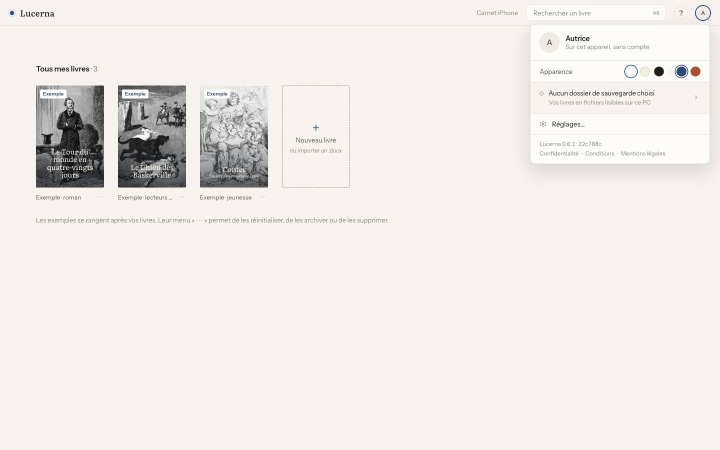 Capture : Comment passer en thème sépia ou sombre ?, sur un livre d’exemple