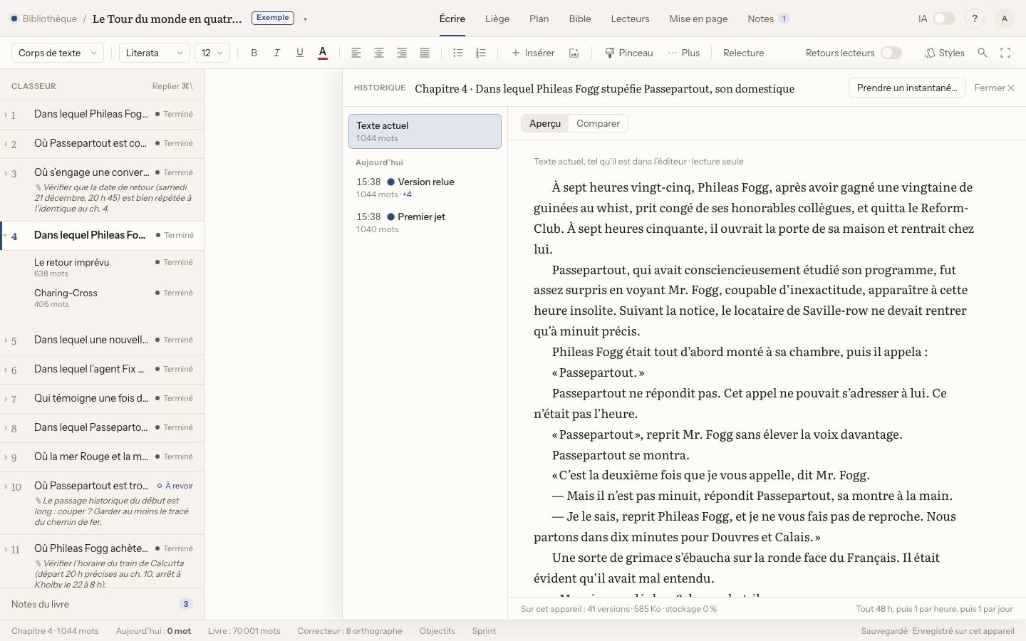 Capture : Comment revenir à une version précédente d’un chapitre ?, sur un livre d’exemple