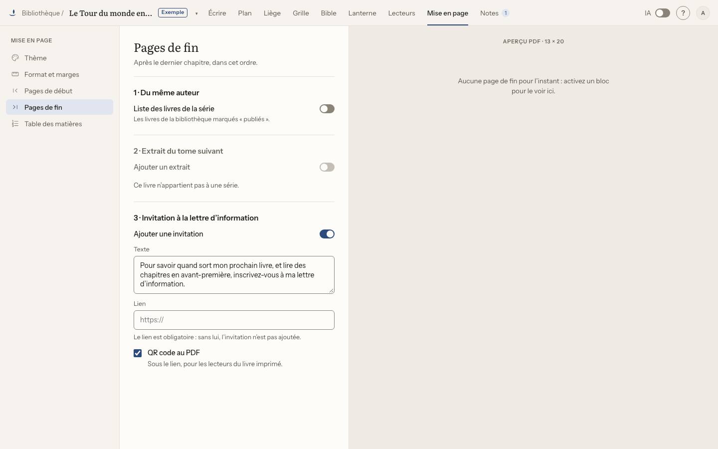 Capture : Comment ajouter des pages de fin (extrait du tome suivant, lettre d’information) ?, sur un livre d’exemple