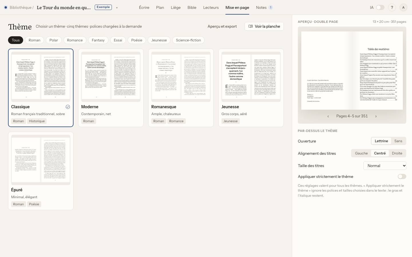 Capture : Comment choisir un thème de mise en page ?, sur un livre d’exemple