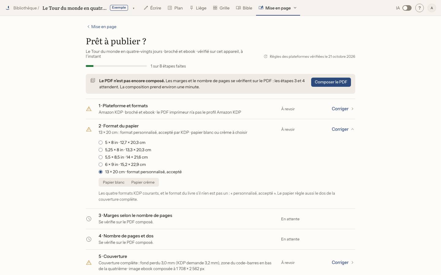 Capture : Comment vérifier que le livre est prêt à publier ?, sur un livre d’exemple