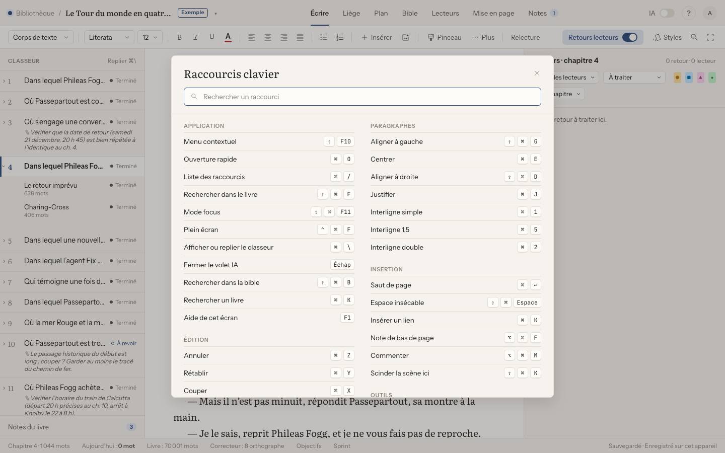 Capture : Comment voir tous les raccourcis clavier ?, sur un livre d’exemple