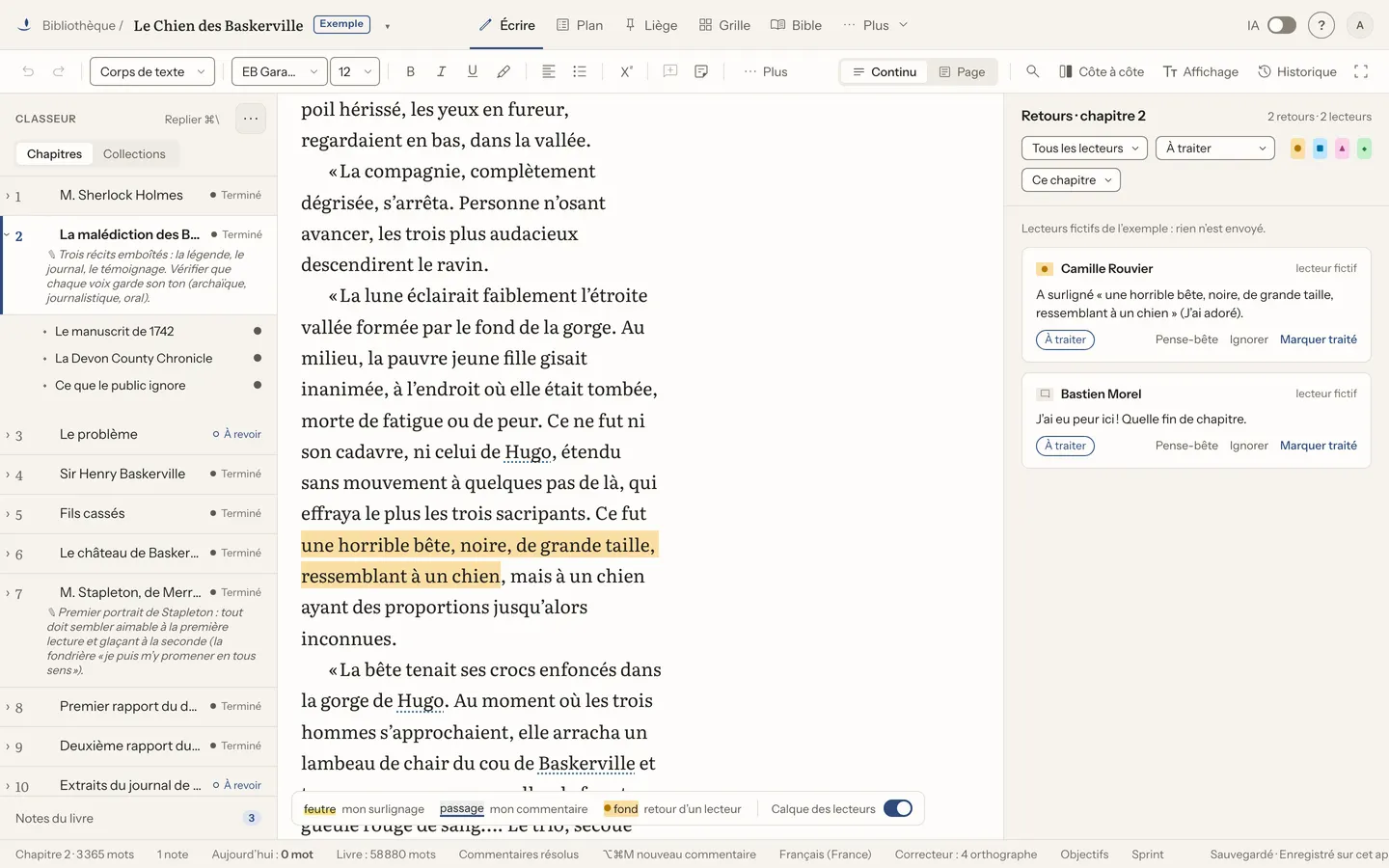 Le chapitre 2 du Chien des Baskerville, livre d’exemple : à gauche, le classeur et les scènes du chapitre ; à droite, les retours des lecteurs tests.