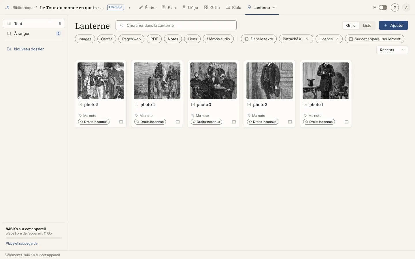 La Lanterne : images et documents gardés sur l’appareil, avec la place qu’ils prennent.
