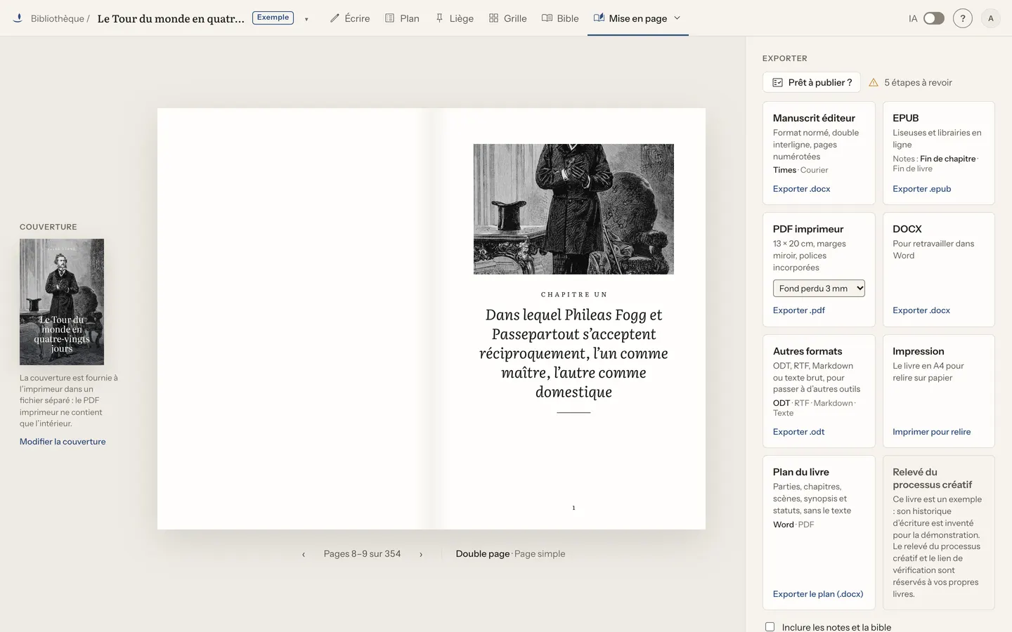Mise en page › Exporter › PDF imprimeur : format 13 × 20, marges miroir, polices incorporées, profil « Fond perdu 3 mm ».